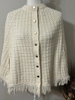 Vtg Justin Charles Women Beige Poncho Cable Sweater Button Up Fringe Cape One Sz